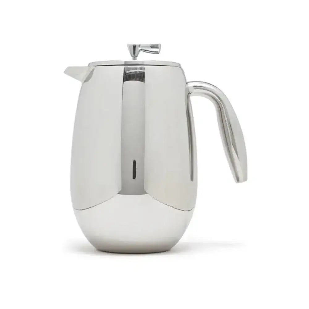 Silver french press on a white background