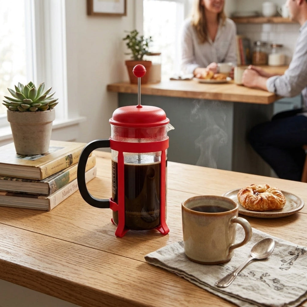 A red French press filled with black coffee sits on a wooden table in a bright kitchen, with a matching red lid and black handle. A beige ceramic mug, spoon, and croissant are nearby, and a couple is blurred in the background at a breakfast table.