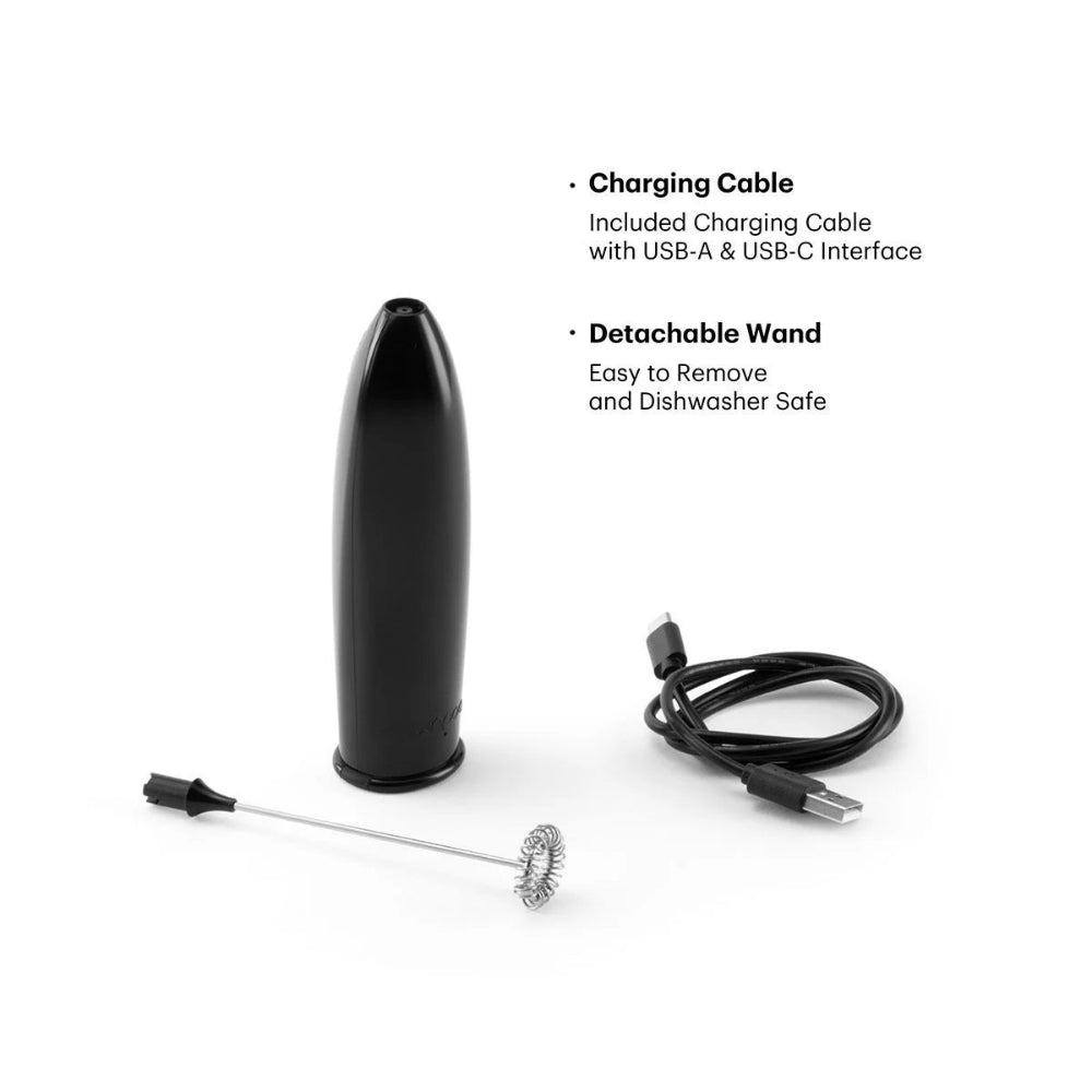 Black electric milk frother with a detachable wand and included USB charging cable on a white background, with text describing the features.