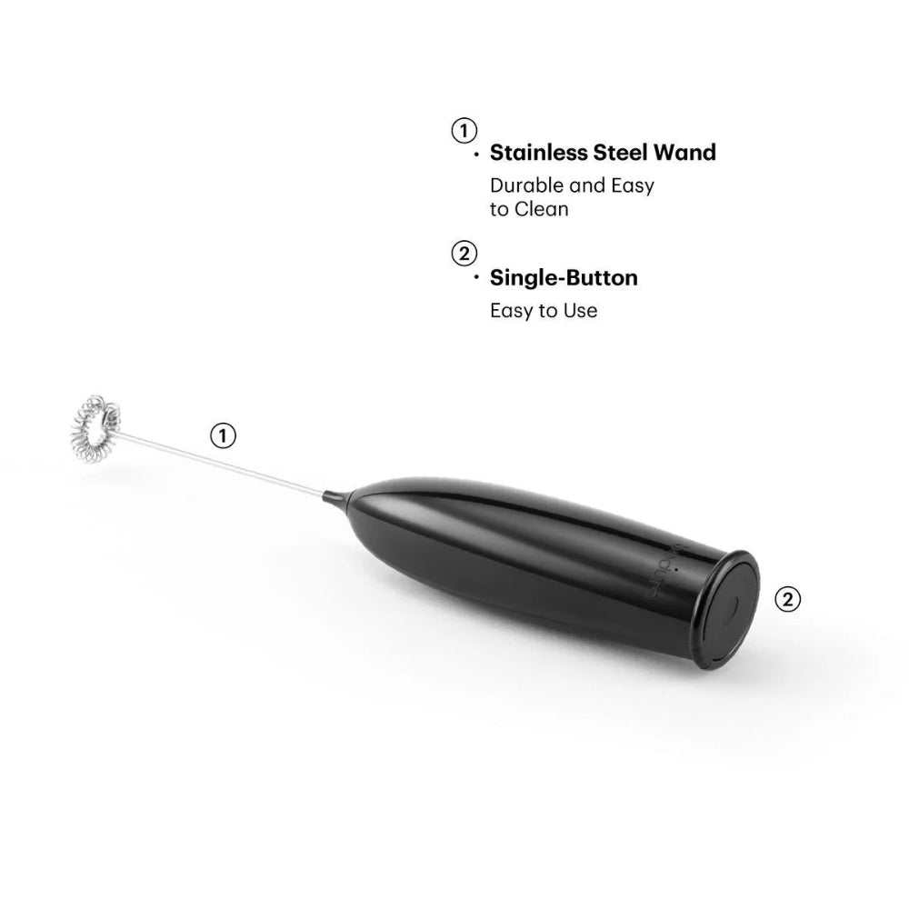 A black handheld electric milk frother with a stainless steel wand, shown on a white background with numbered callouts and text describing its features.