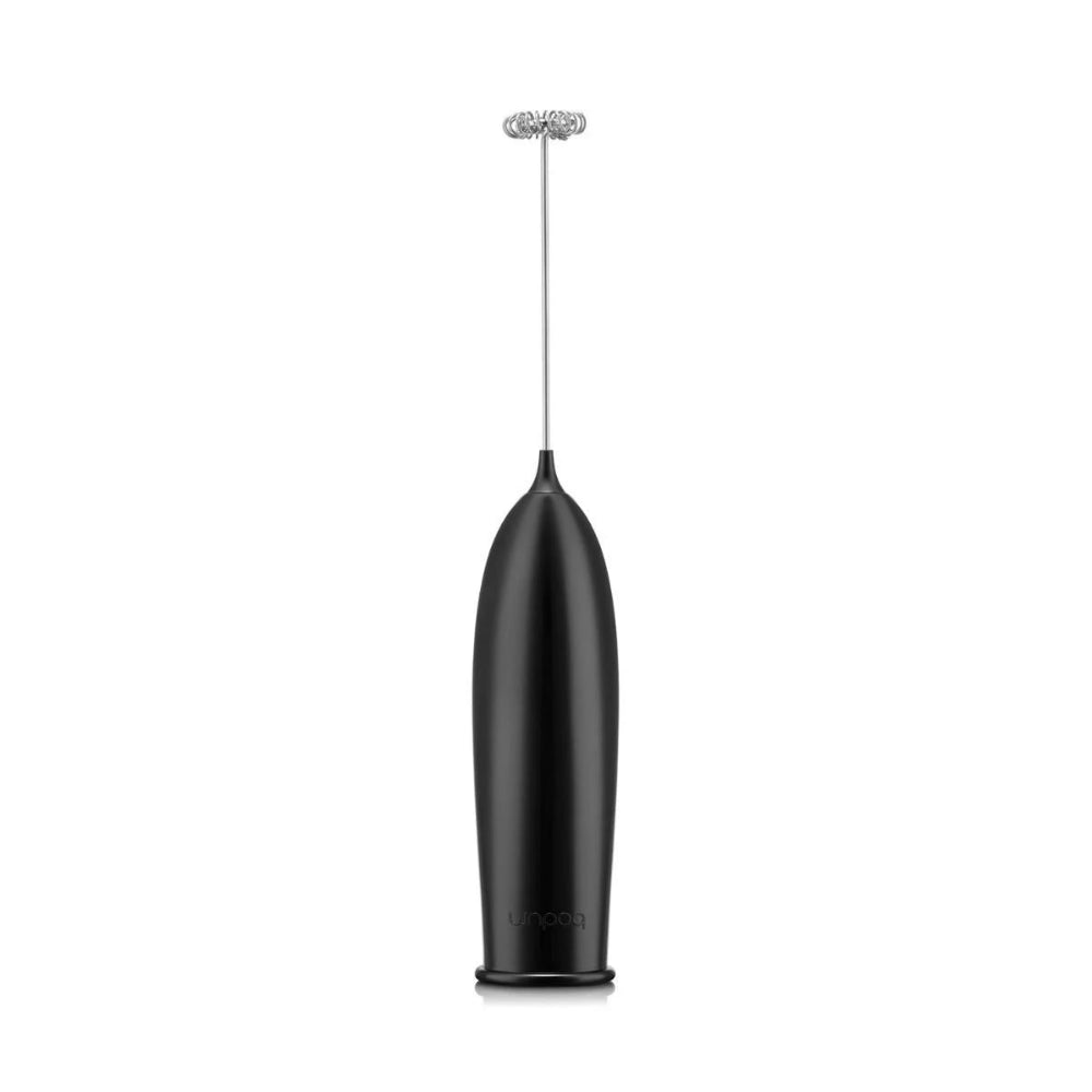 A sleek black electric milk frother with a metallic whisk attachment, shown vertically against a solid white background.