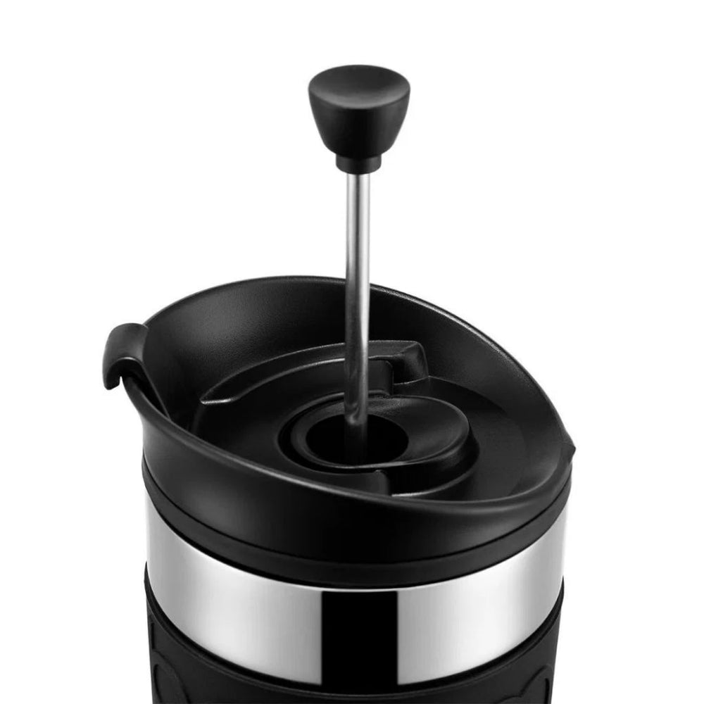 Black and silver coffee press on a white background