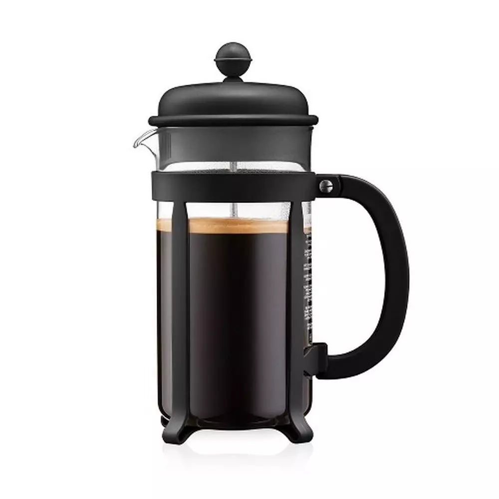 A black Bodum french press on a white background