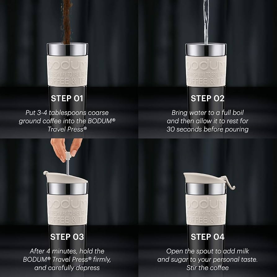 Bodum travel press coffee maker with step-by-step instructions on a black background