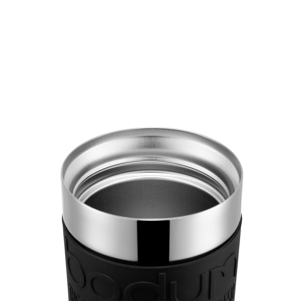 Black thermos with silver lid on a white background