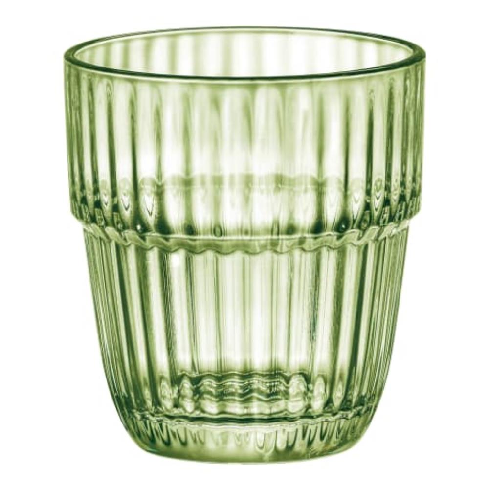 Green glass tumbler with ribbed texture on a white background
