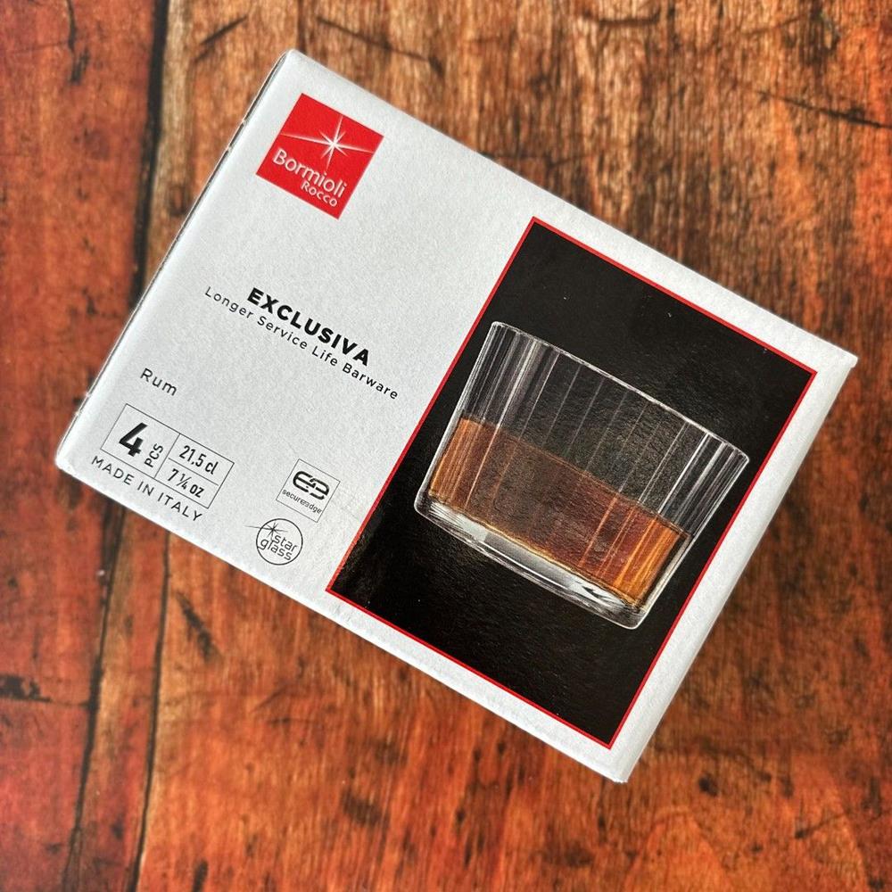 Bormioli Rocco Exclusiva rum glass packaging on a wooden surface