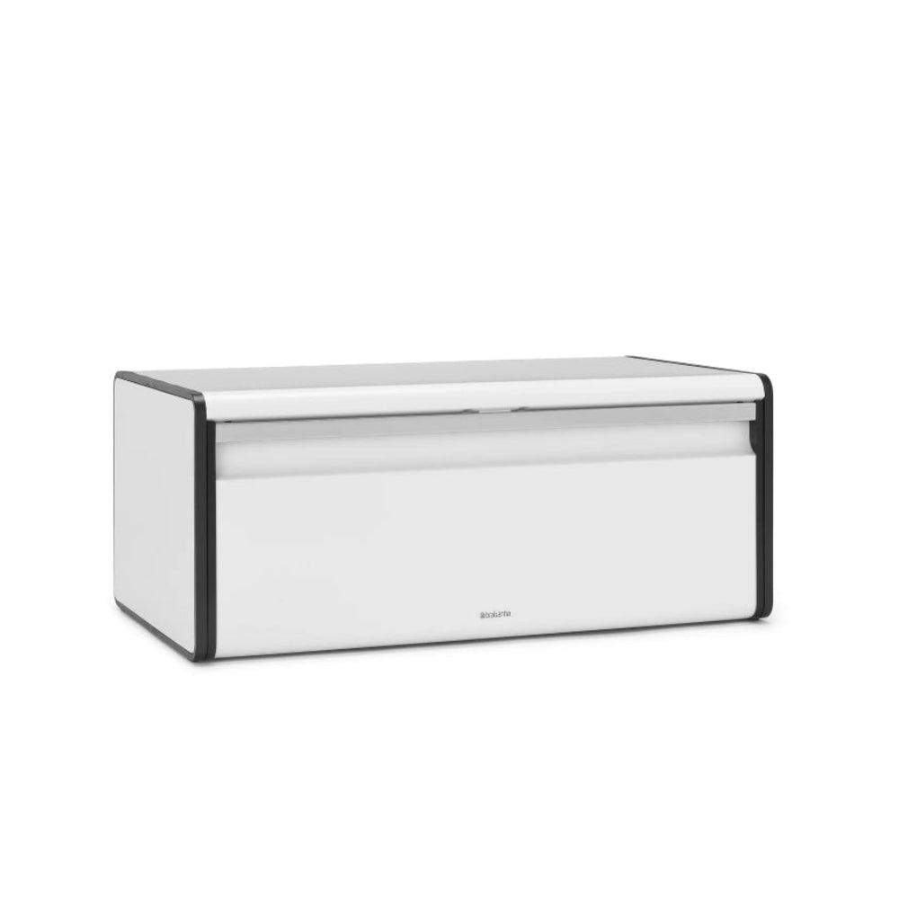White fall front bread bin on a white background.