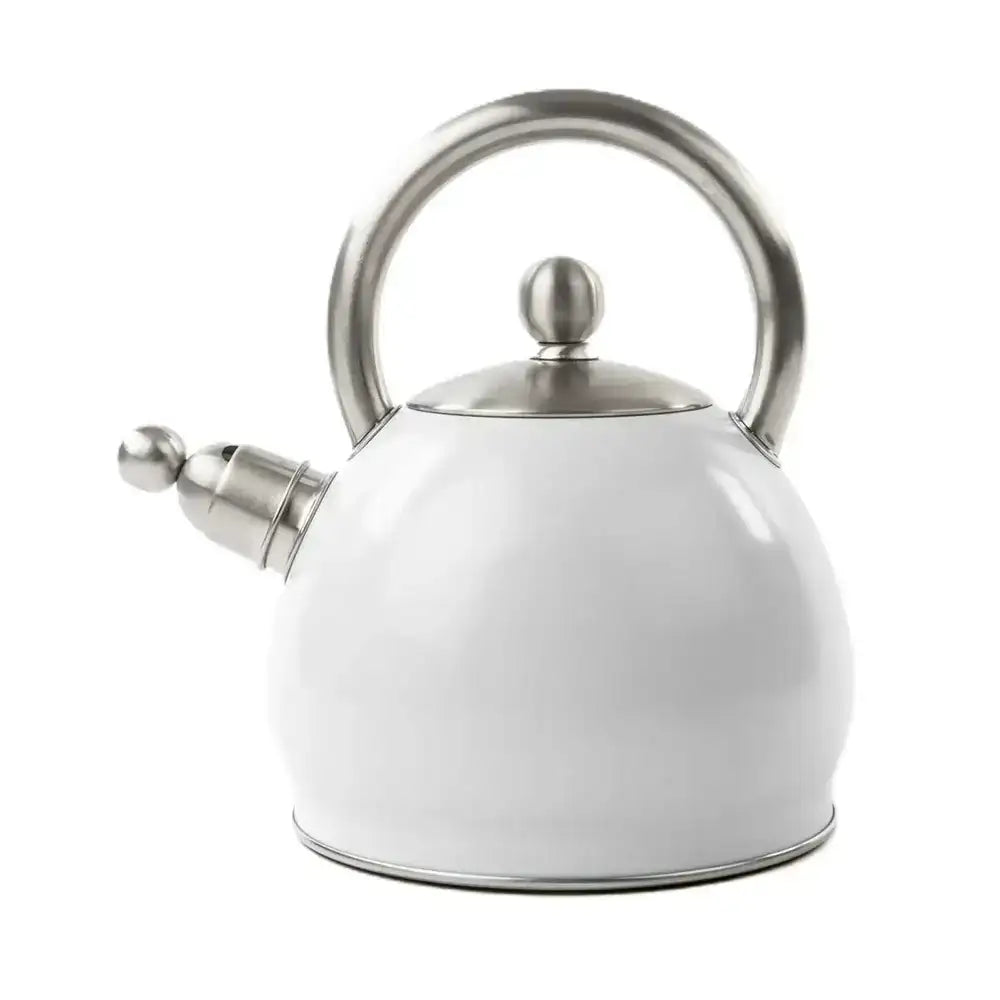 White kettle with silver handle and knobs on a white background
