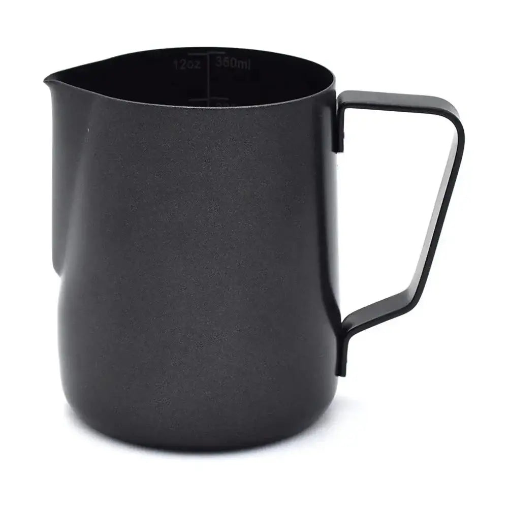 Black milk pitcher with handle on a white background