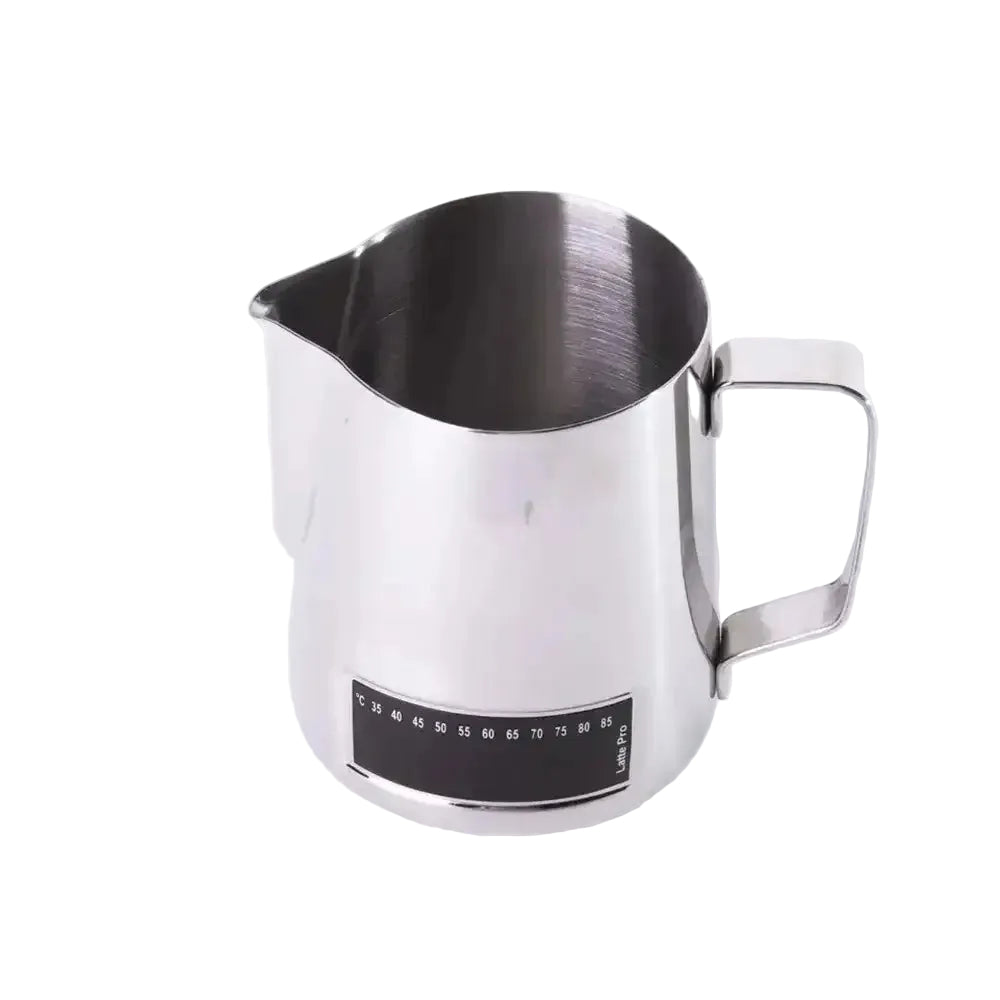 Stainless steel milk pitcher with measurement scale on a white background