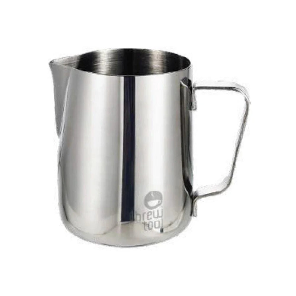 Stainless steel milk frothing pitcher on a white background