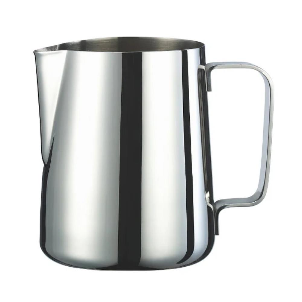 Stainless steel pitcher on a white background