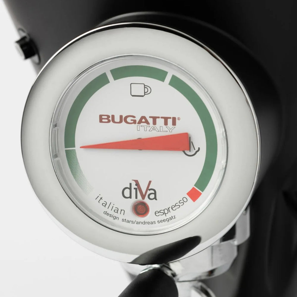 Close up of a Bugatti coffee machine pressure gauge