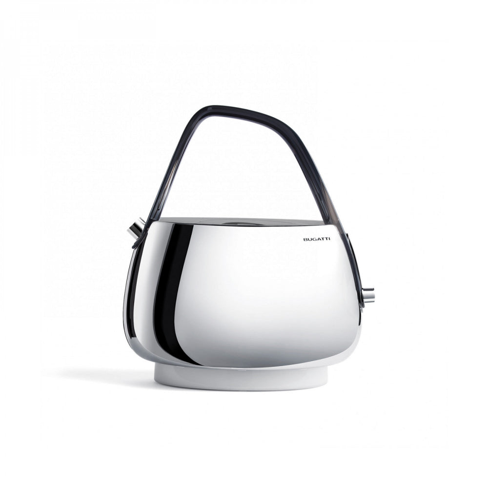 Silver Bugatti kettle with a white background 