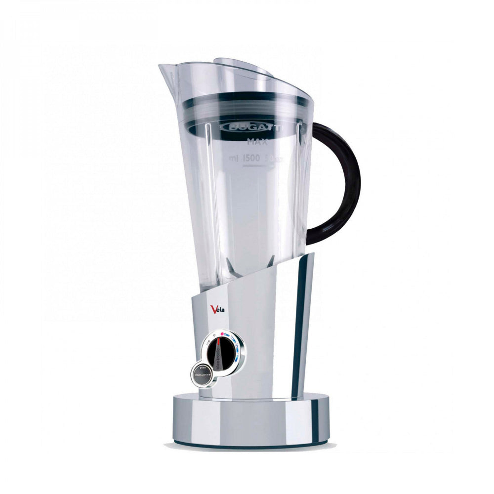 Stainless steel blender with a white background