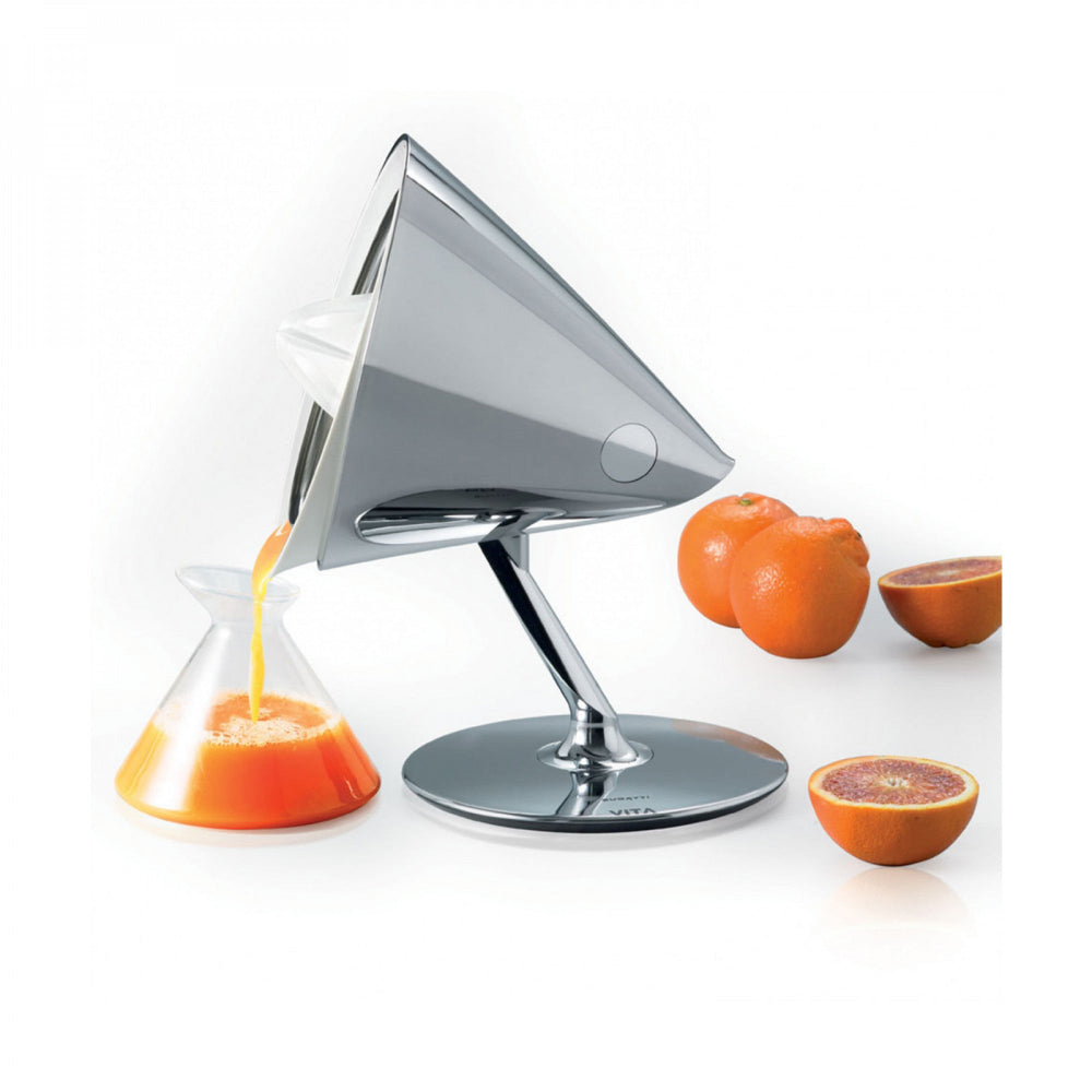 Silver citrus juicer with a white background 