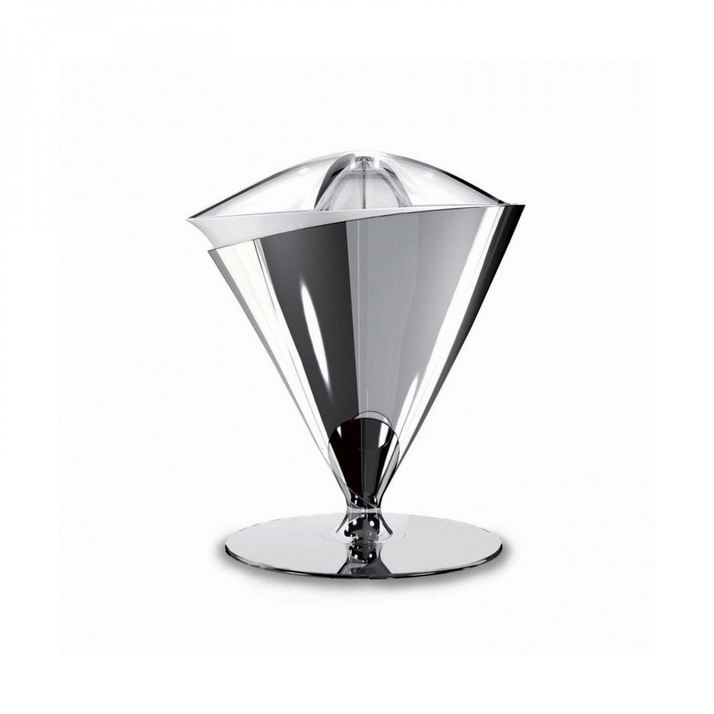 Silver citrus juicer with a white background