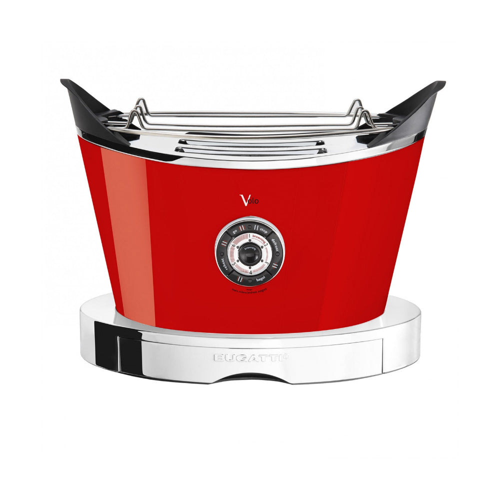 Red stainless steel toaster with a white background 