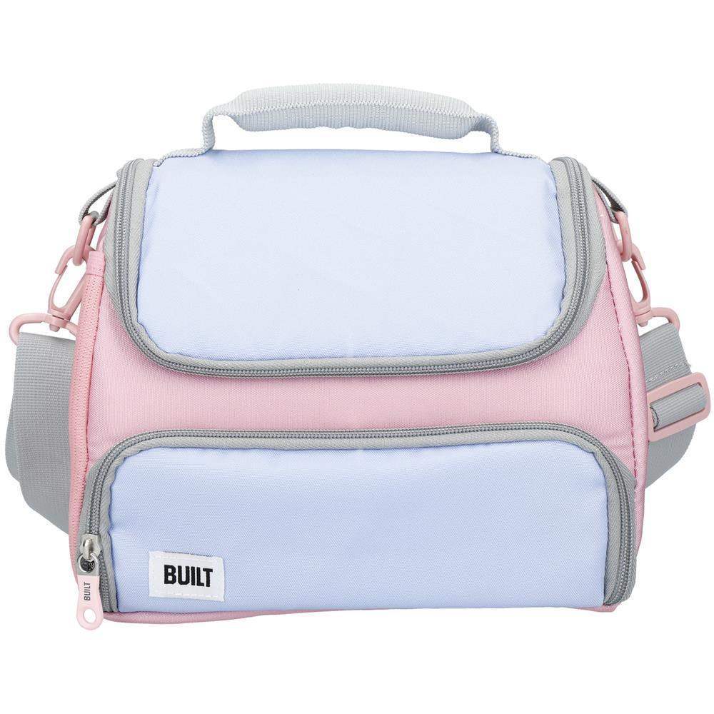 Pink and gray cooler bag with 'BUILT' logo on a white background