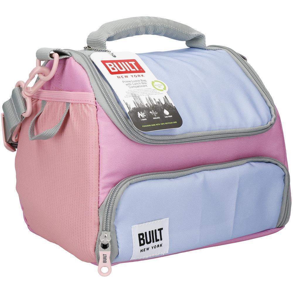 Pink and light blue lunch bag with 'Built New York' label on a white background