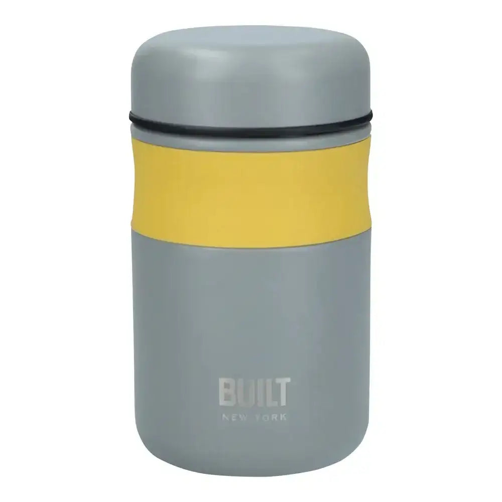 Gray and yellow insulated food jar with 'BUILT New York' branding on a white background