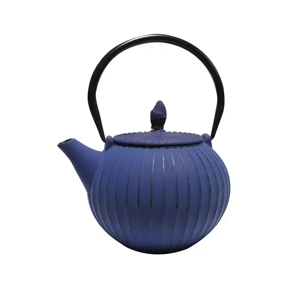 Blue teapot with black handle on a white background
