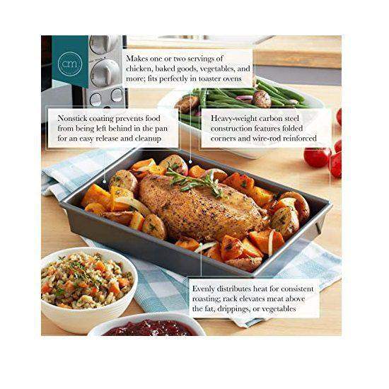 Chicago Metallic baking and roasting pan with roast chicken, vegetables, and nonstick coating on a kitchen table, premium cookware at Cookin Stores