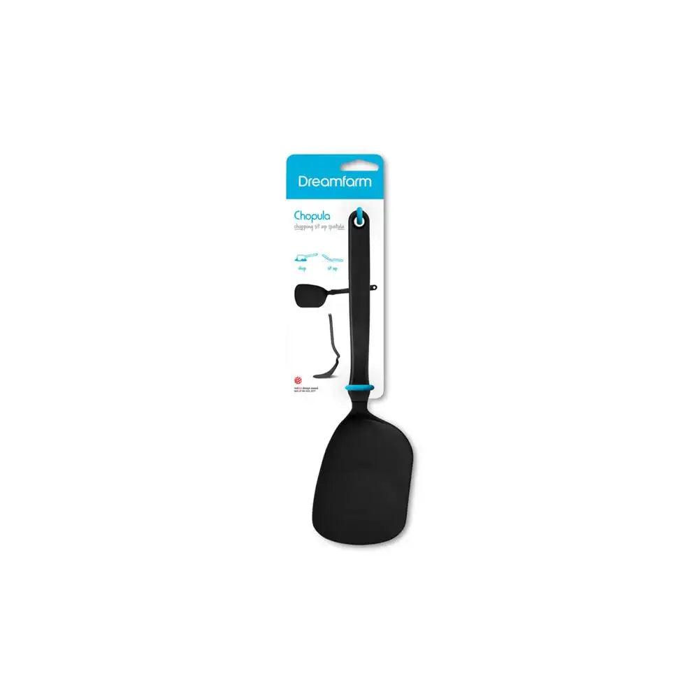 Black spatula with packaging on a white background
