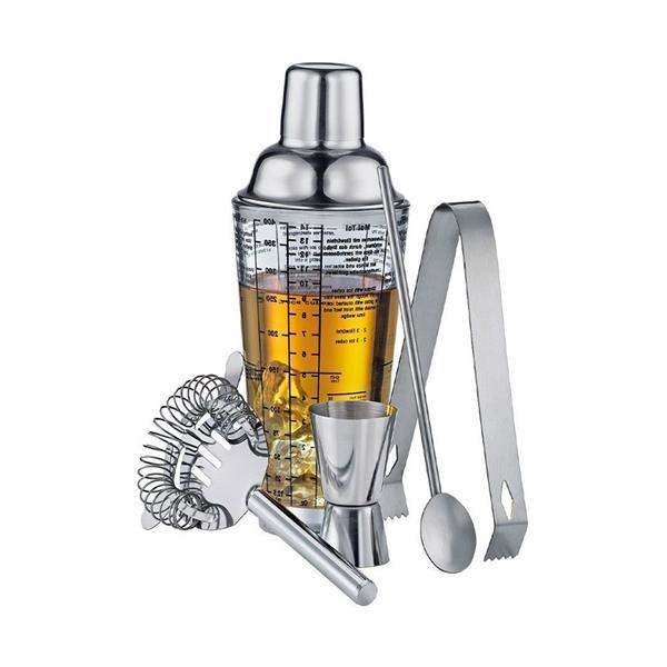 Cilio Cosmopolitan cocktail barware set of 5 with shaker, strainer, jigger, spoon, and tongs from Cookin Stores.