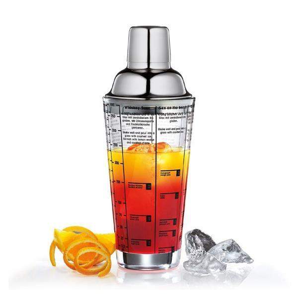 Cilio cocktail shaker with measurement markings, orange peel, and ice, premium barware at Cookin Stores