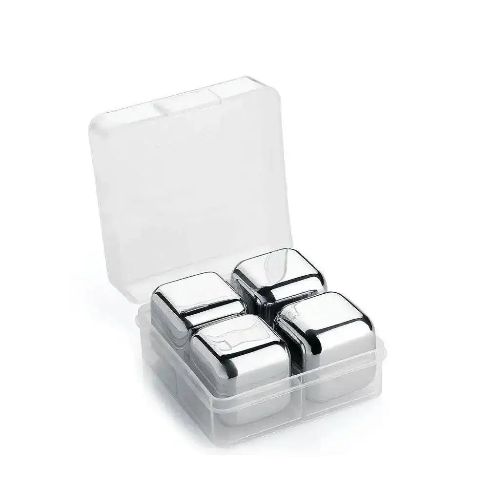 Set of four metallic ice cubes in a clear plastic container on a white background