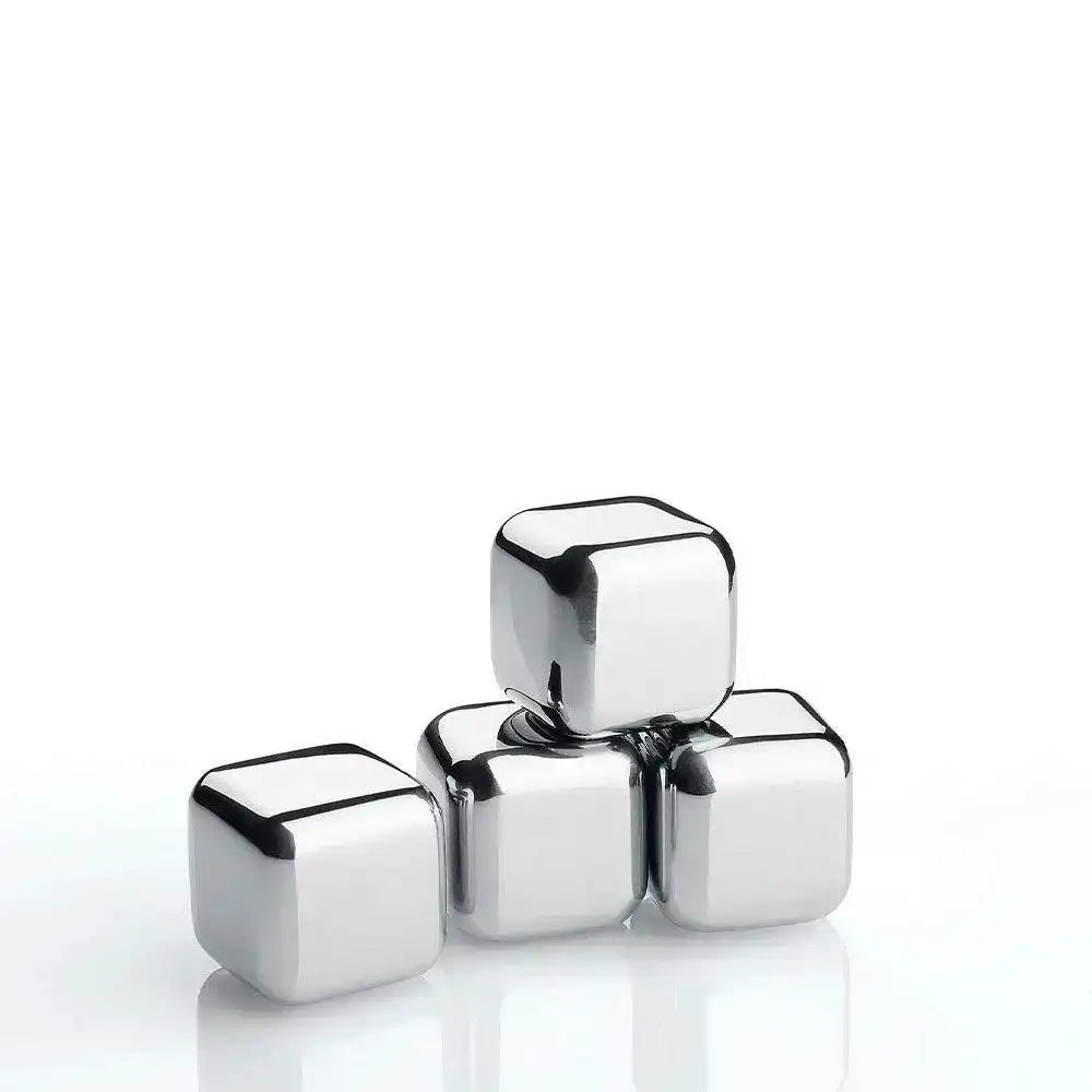 Four metallic ice cubes on a white background