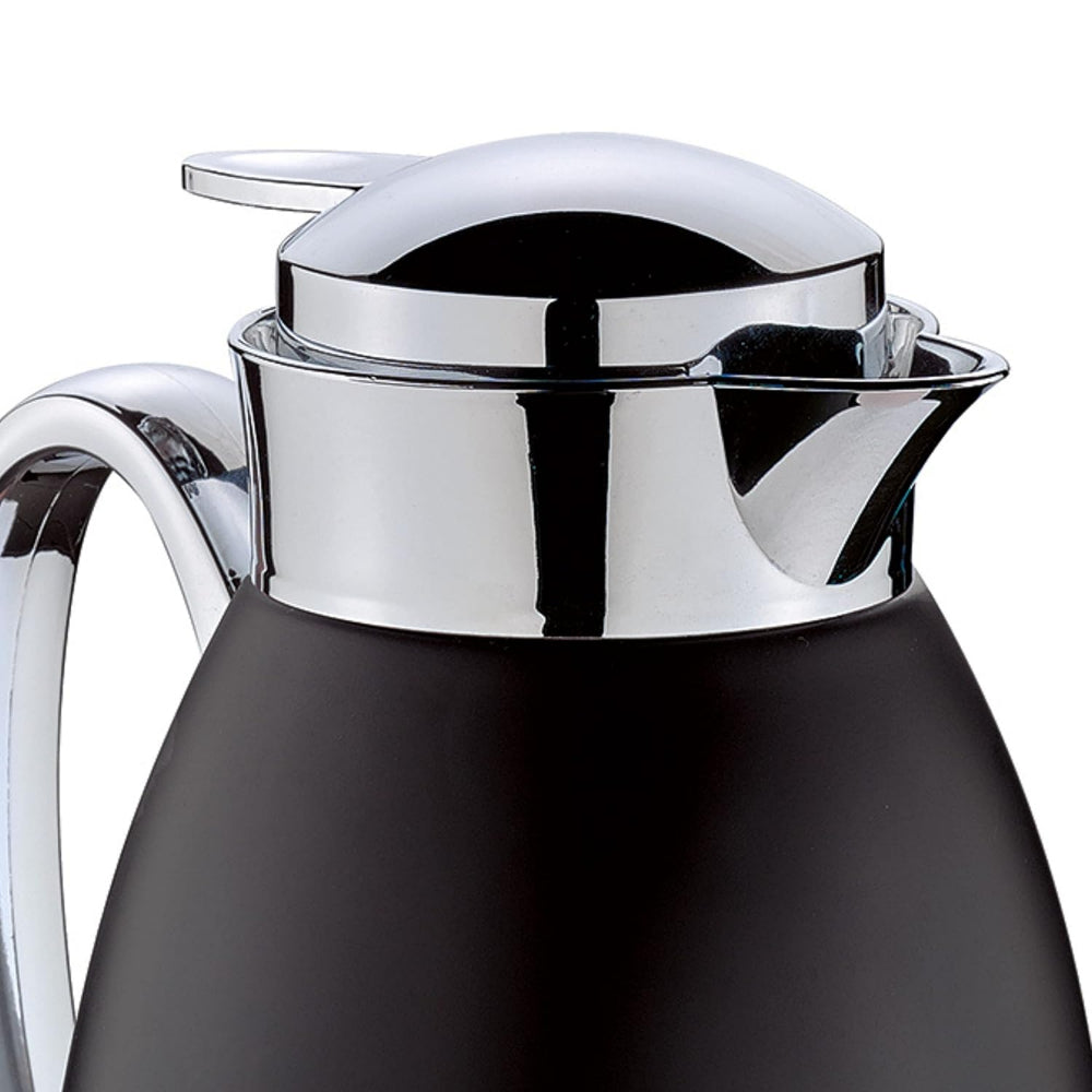 Black thermos with silver lid and handle on a white background