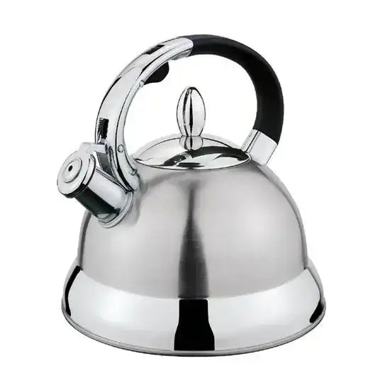 Stainless steel stovetop whistling kettle with black handle, premium kitchenware at Cookin Stores