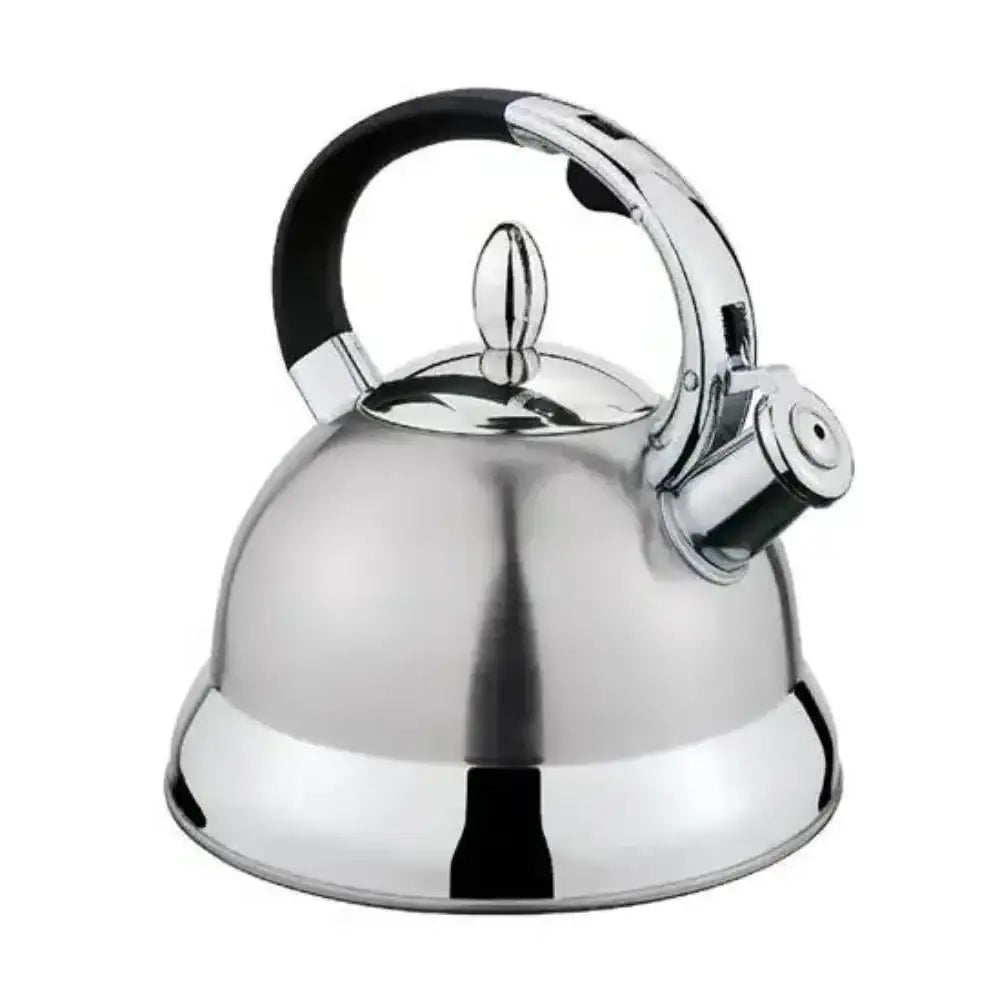 Stainless steel kettle with black handle on a white background