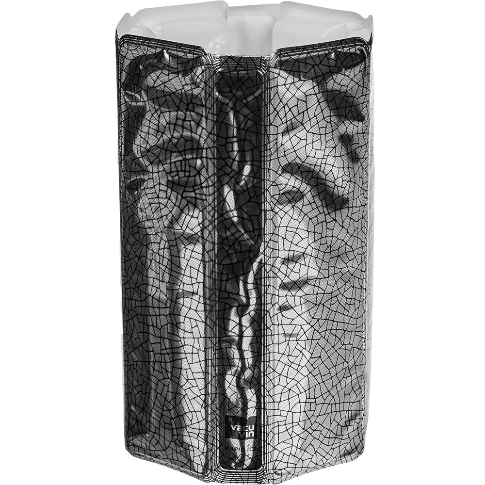 Silver wine cooler sleeve with a geometric pattern on a white background.