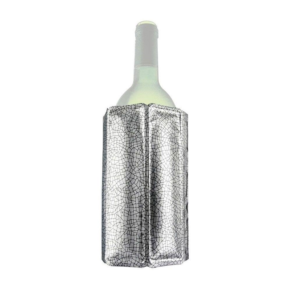 Bottle of wine in a wine cooling sleeve on a white background.