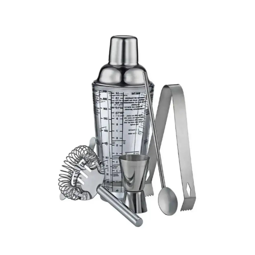 Set of cocktail-making tools including a shaker, strainer, spoon, and tongs on a white background