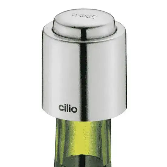 Cilio stainless steel wine bottle stopper on green wine bottle, kitchenware at Cookin Stores
