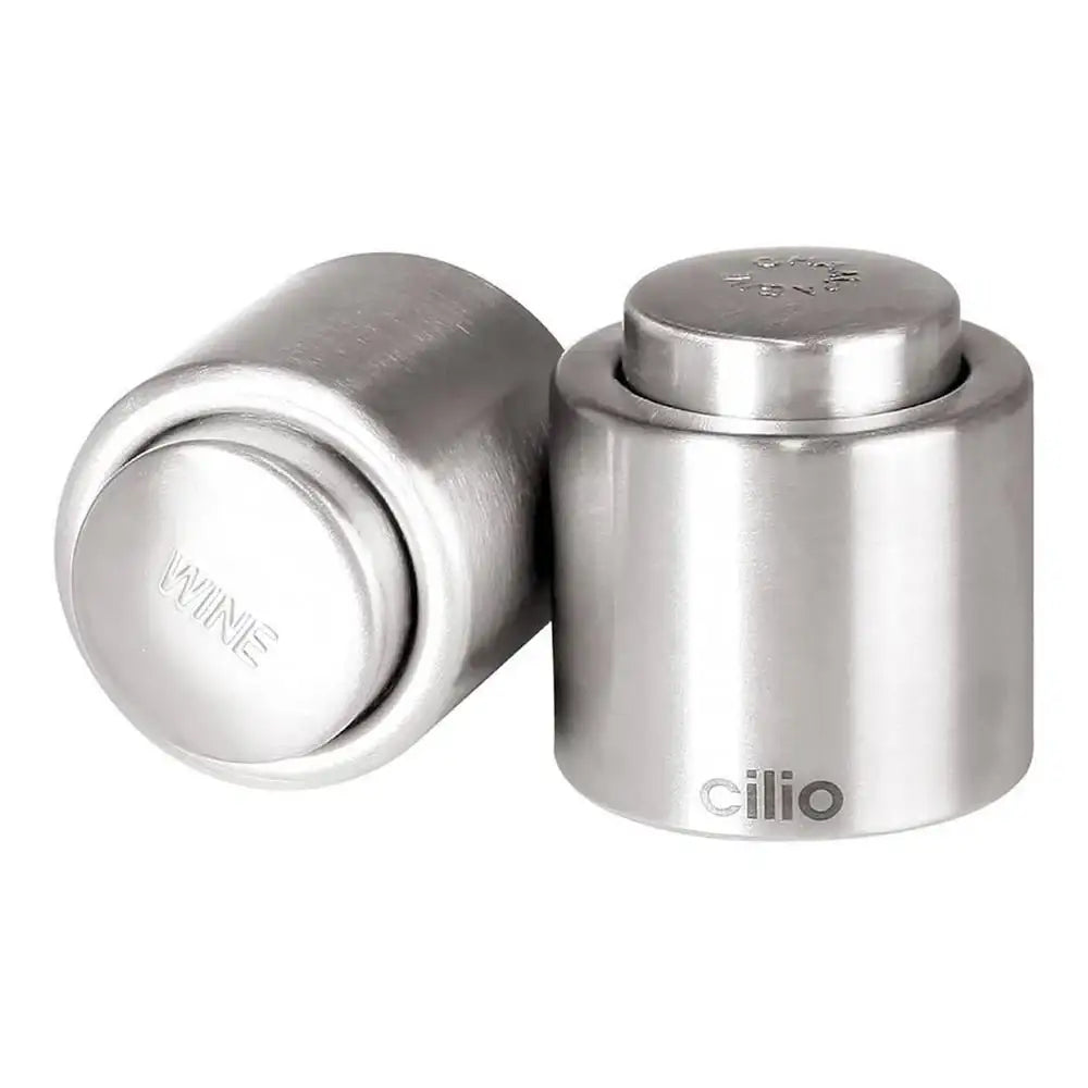 Two stainless steel wine bottle stoppers with 'Cilio' branding on a white background