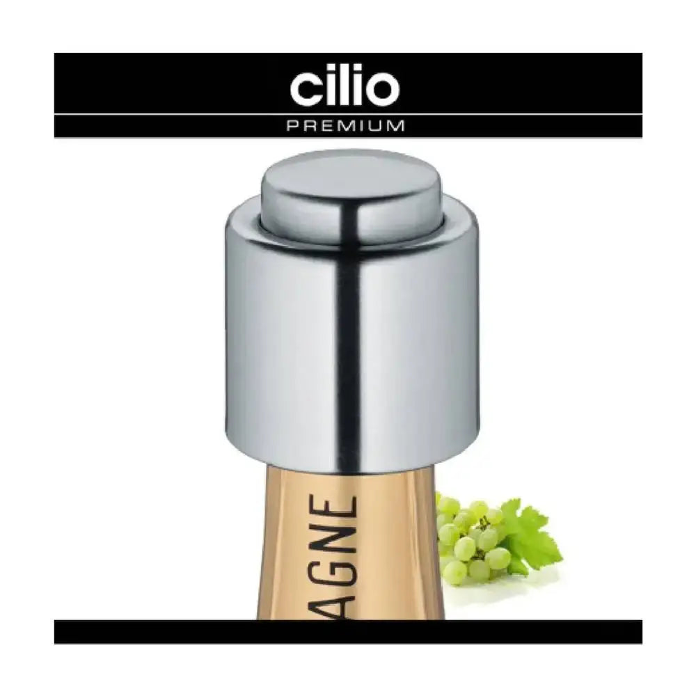 Wine bottle stopper with 'cilio' branding on a white background