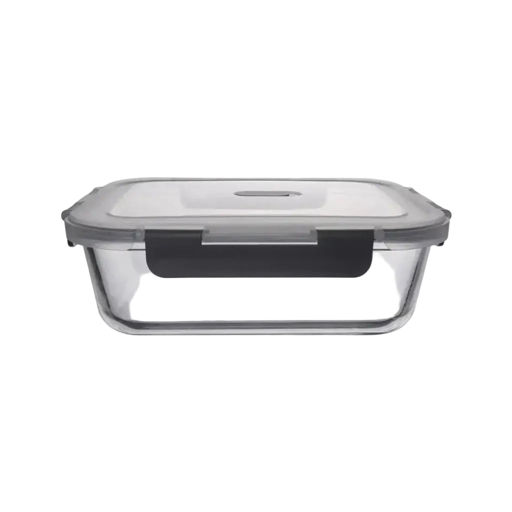 Clear glass food storage container with a black lid on a white background