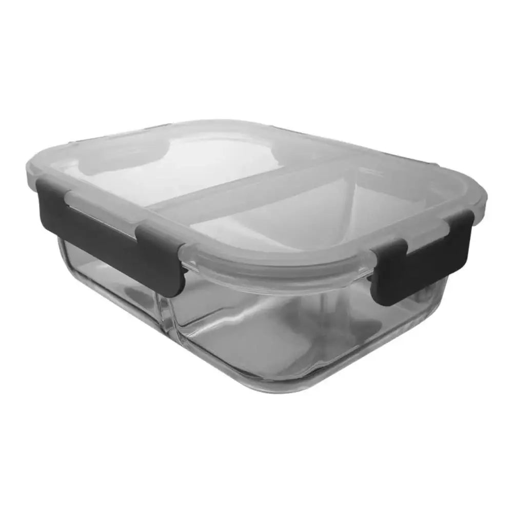 Clear glass food container with black silicone seals on a white background