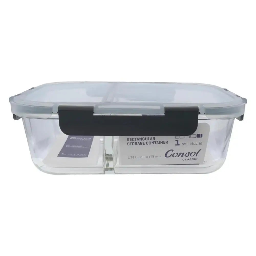 Clear rectangular storage container with black lid on a white background