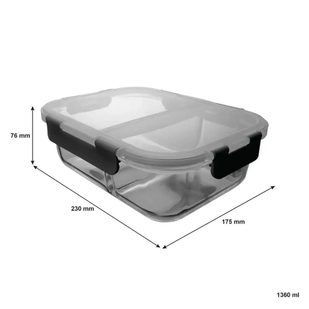 Clear food storage container with black lid and measurements on a white background