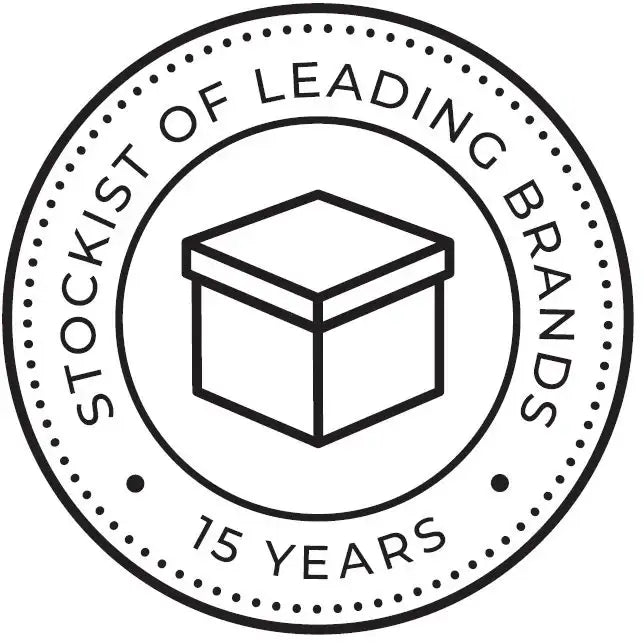 Circular badge with box icon, text 'Stockist of Leading Brands 15 Years', black and white logo