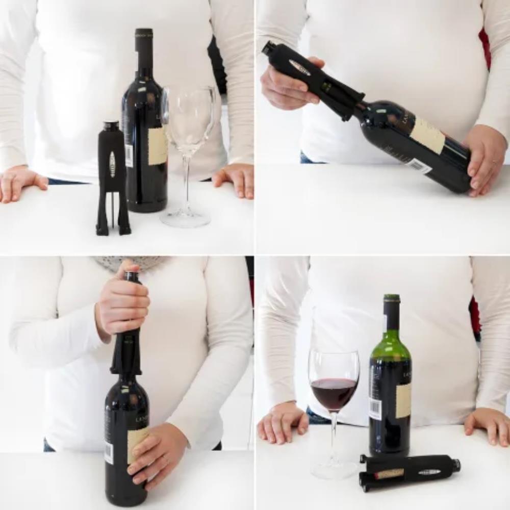 Step-by-step process of using a wine bottle opener on a white background