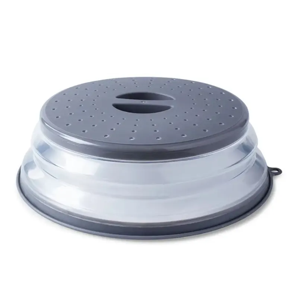 Plastic container with gray top and clear base on a white background