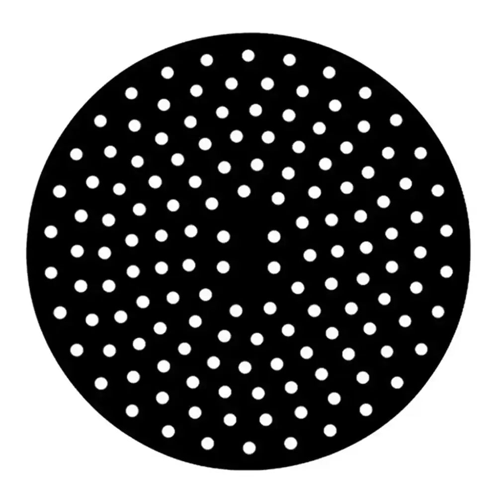 Black circle with white polka dots on a white background